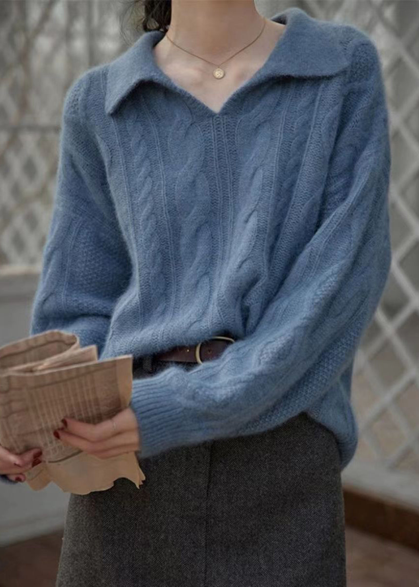 Purple V Neck Patchwork Cozy Cotton Knit Top Long Sleeve