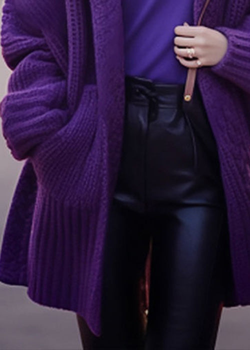 Purple V Neck Pockets Cotton Knit Cardigan Long Sleeve