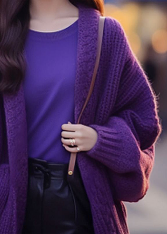 Purple V Neck Pockets Cotton Knit Cardigan Long Sleeve