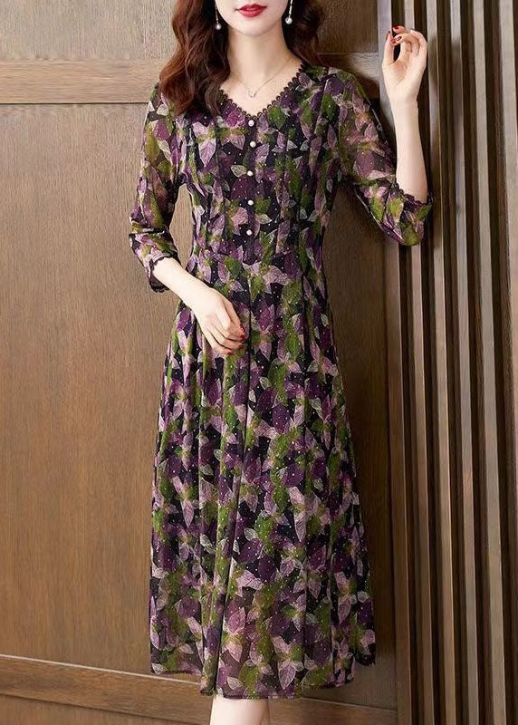 Purple V Neck Print Patchwork Tulle Dress Bracelet Sleeve