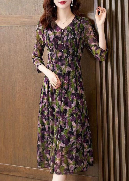 Purple V Neck Print Patchwork Tulle Dress Bracelet Sleeve