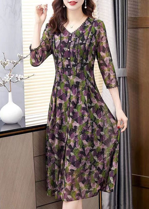 Purple V Neck Print Patchwork Tulle Dress Bracelet Sleeve