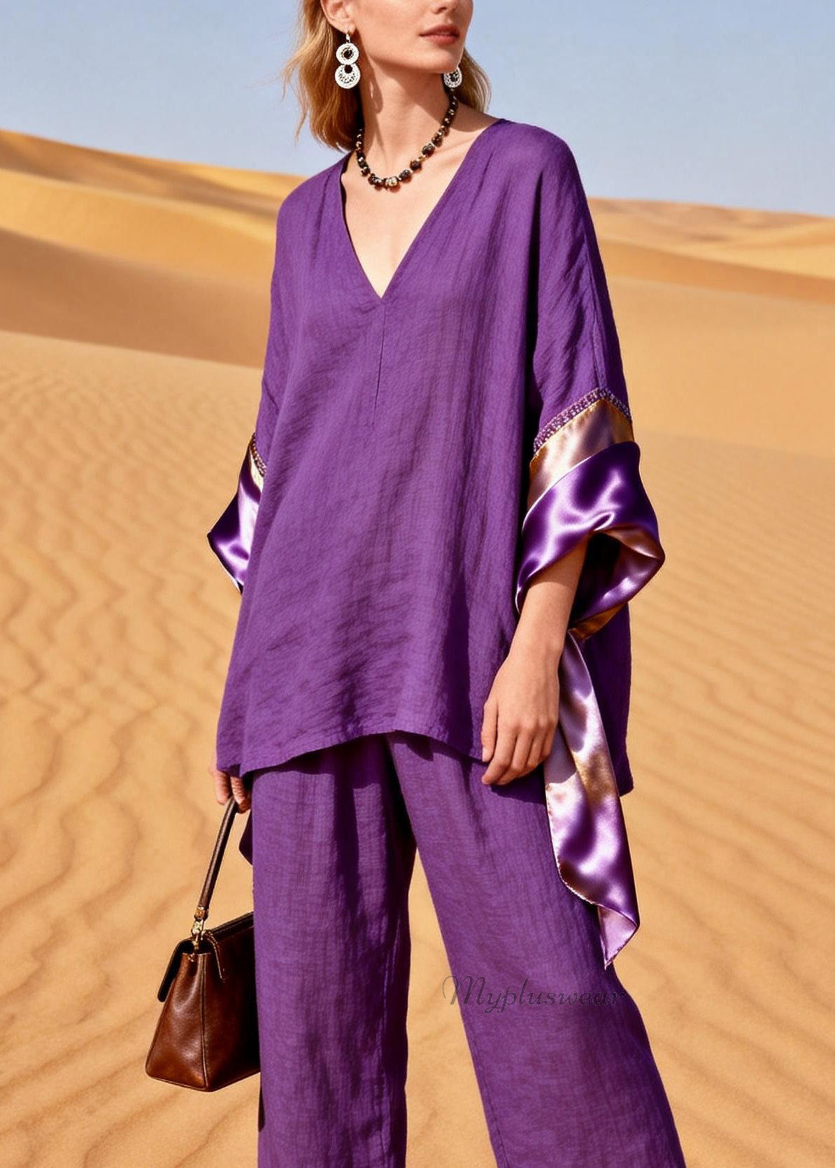 Purple V Neck Silk Patchwork Linen Two Pieces Set Summer