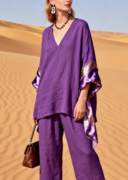 Purple V Neck Silk Patchwork Linen Two Pieces Set Summer