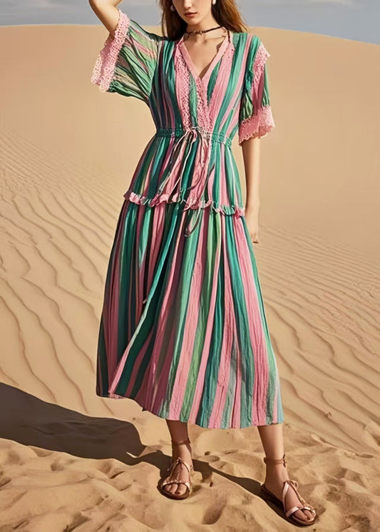 Rainbow Cinched Striped Cotton Holiday Dress Summer