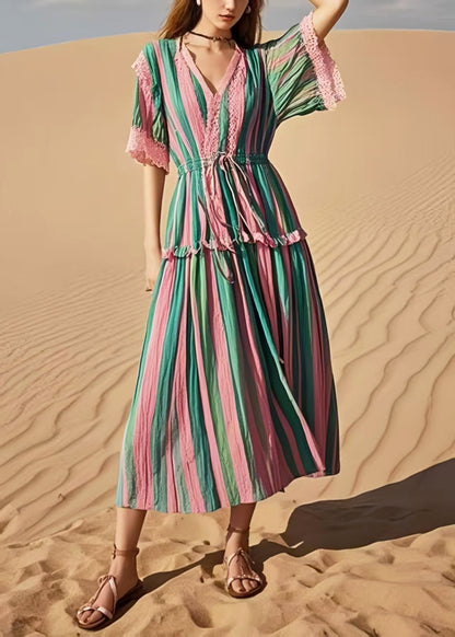 Rainbow Cinched Striped Cotton Holiday Dress Summer
