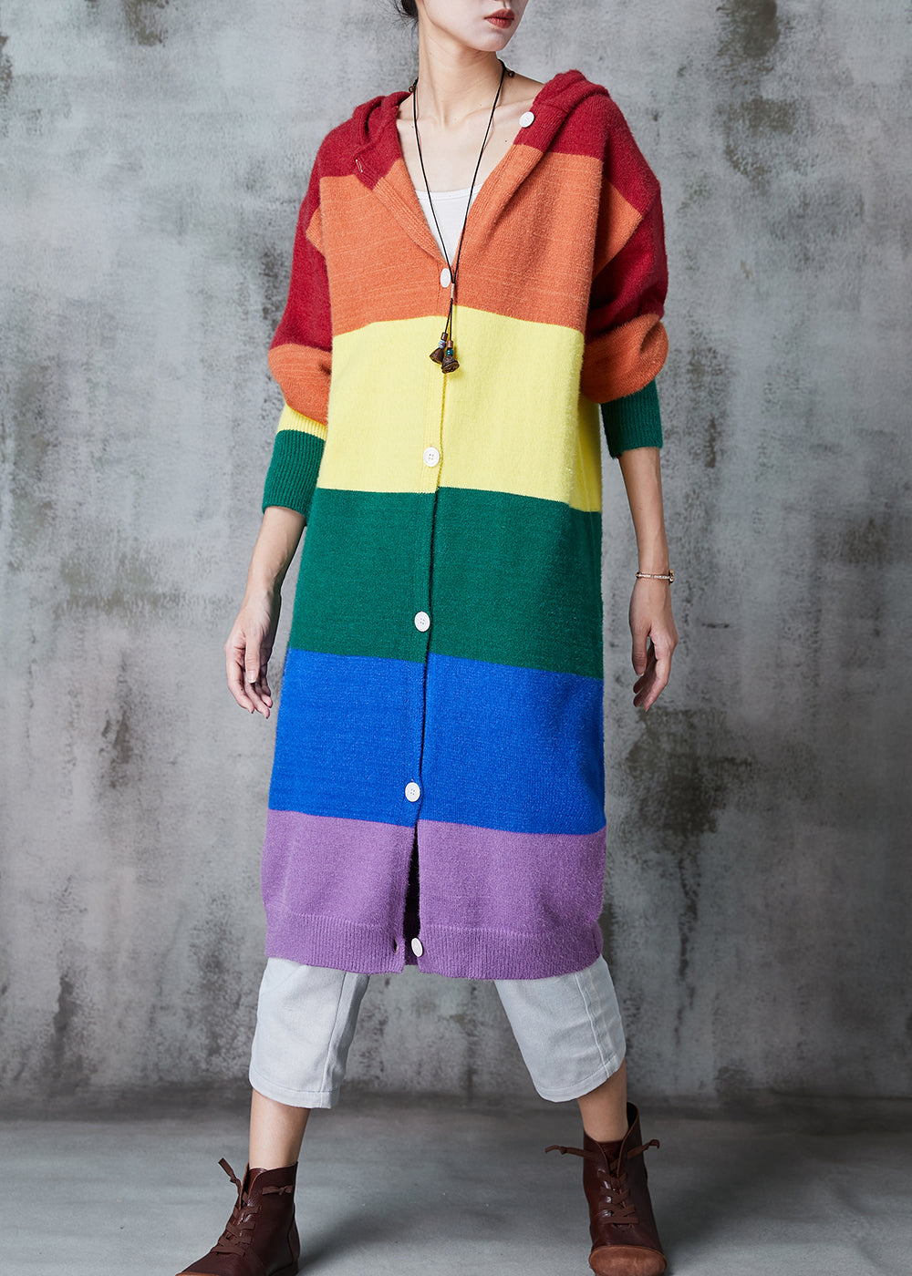 Rainbow Hooded Patchwork Knit Long Cardigans Spring