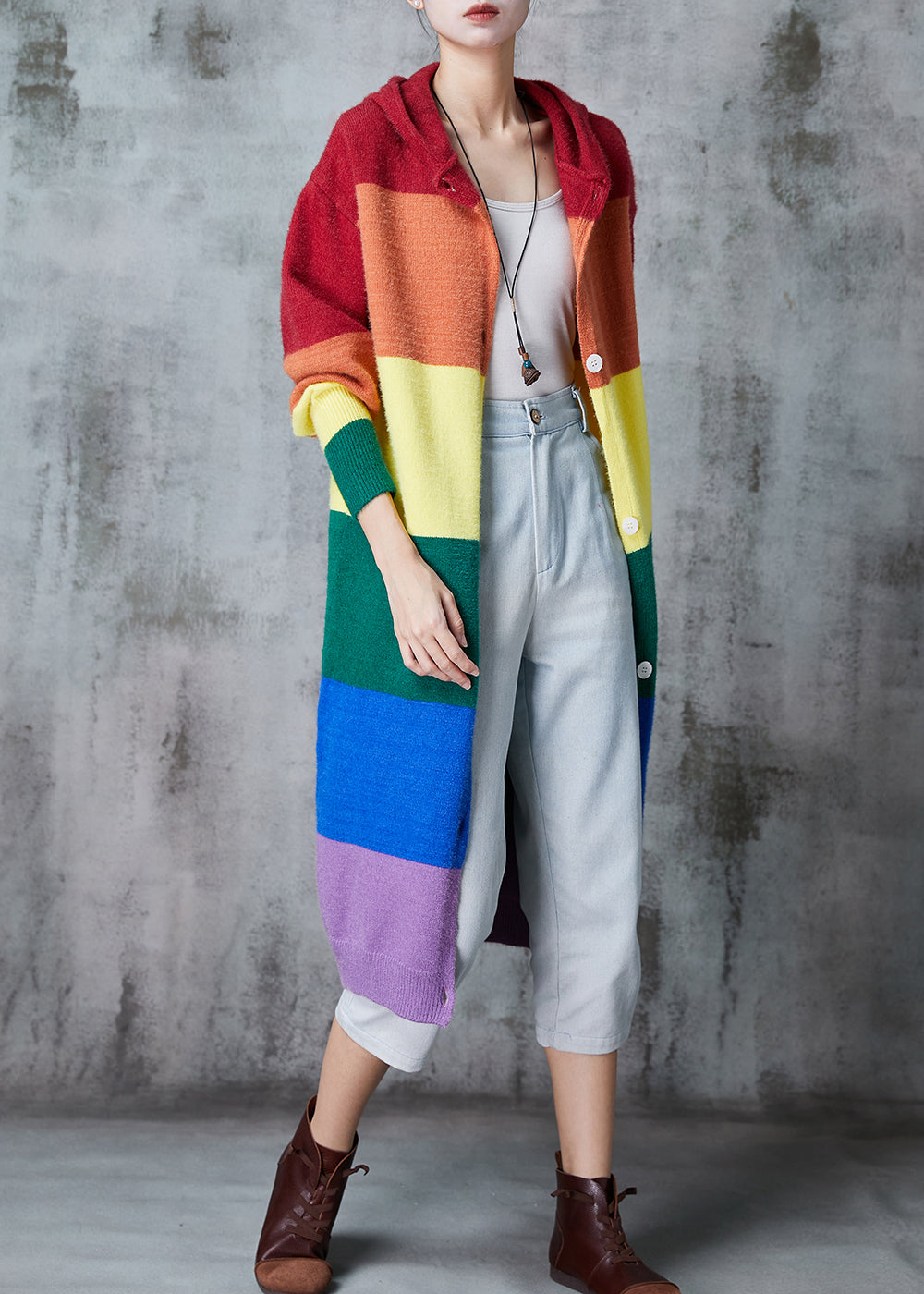 Rainbow Hooded Patchwork Knit Long Cardigans Spring