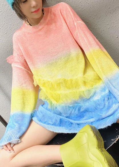 Rainbow O-neck Ruffles Knit Fall Loose Long Sweater