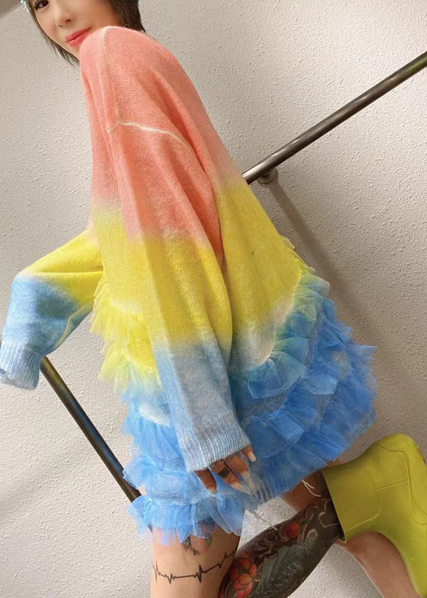 Rainbow O-neck Ruffles Knit Fall Loose Long Sweater