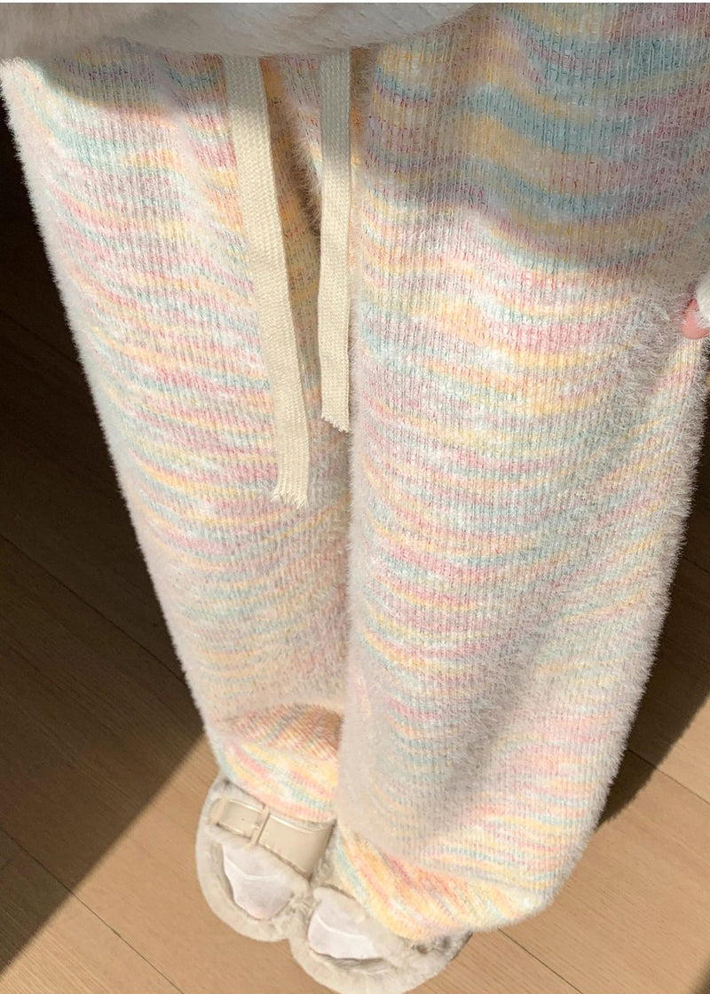 Rainbow Print Elastic Waist Warm Fleece Straight Pants Winter