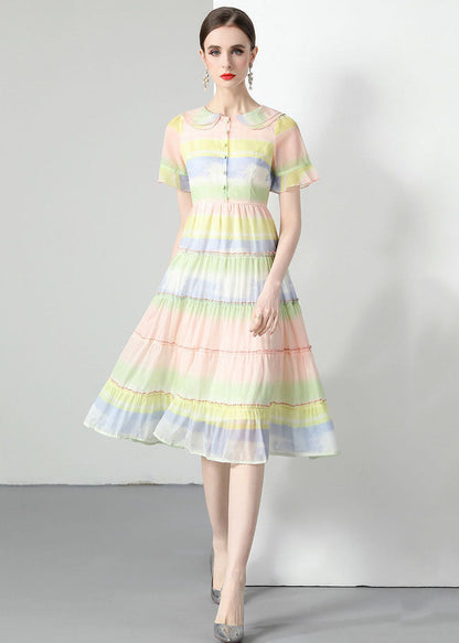 Rainbow Ruffled Button Patchwork Chiffon Dresses Summer