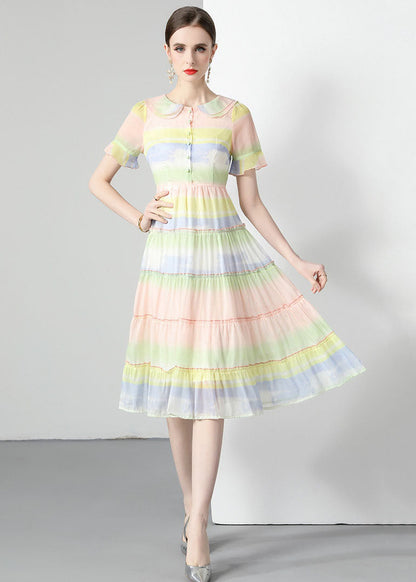 Rainbow Ruffled Button Patchwork Chiffon Dresses Summer