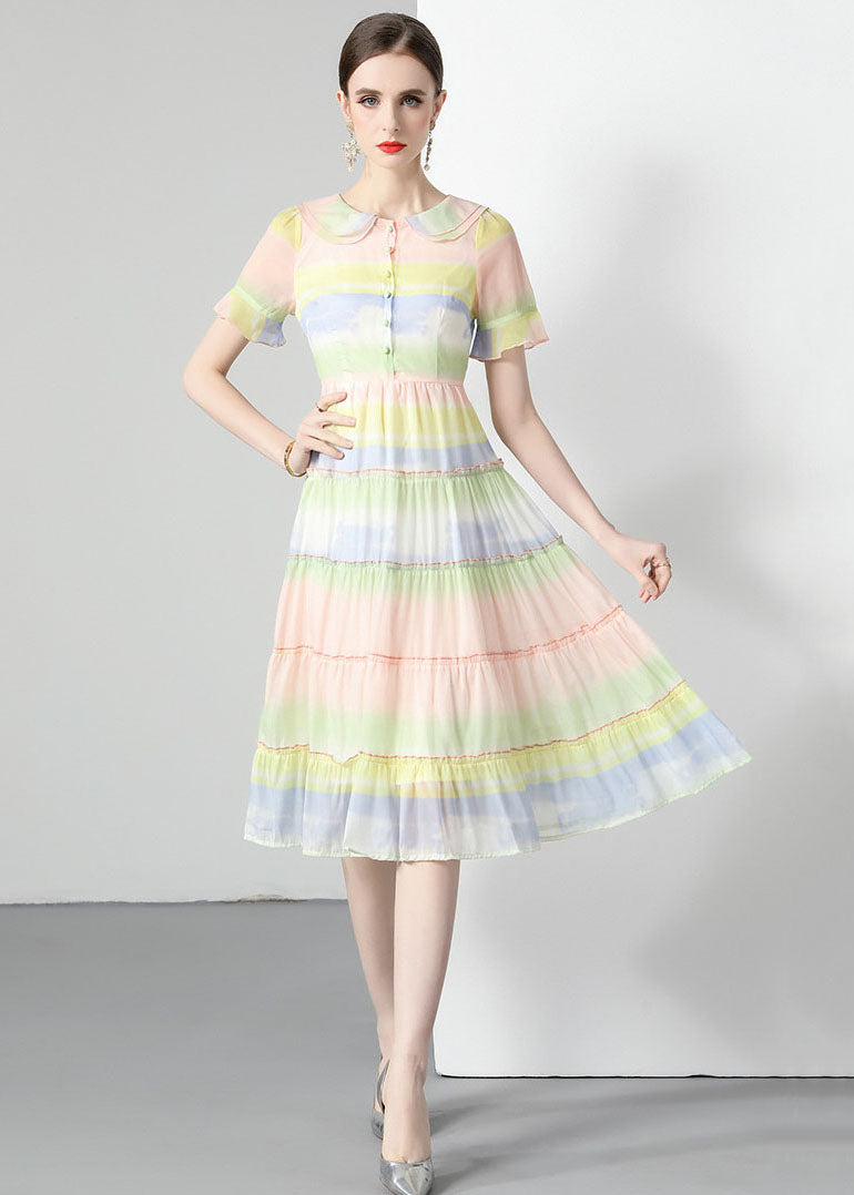Rainbow Ruffled Button Patchwork Chiffon Dresses Summer
