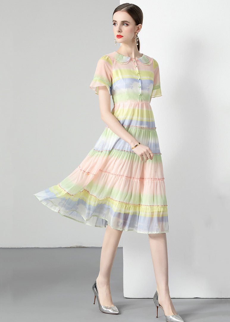 Rainbow Ruffled Button Patchwork Chiffon Dresses Summer