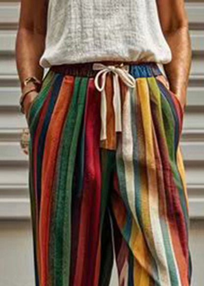 Rainbow Striped Pockets Tie Waist Crop Pants Summer