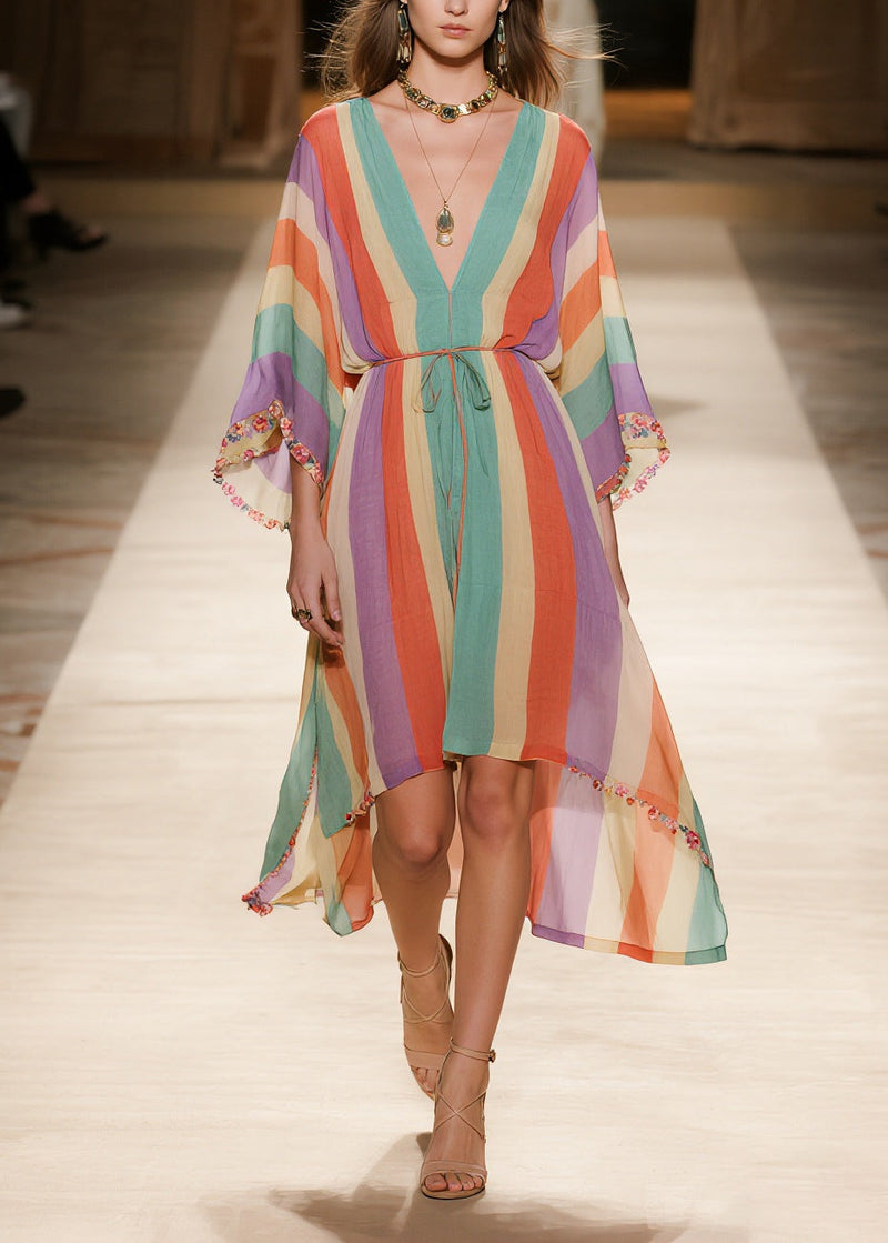 Rainbow V Neck Striped Chiffon Holiday Dress Summer