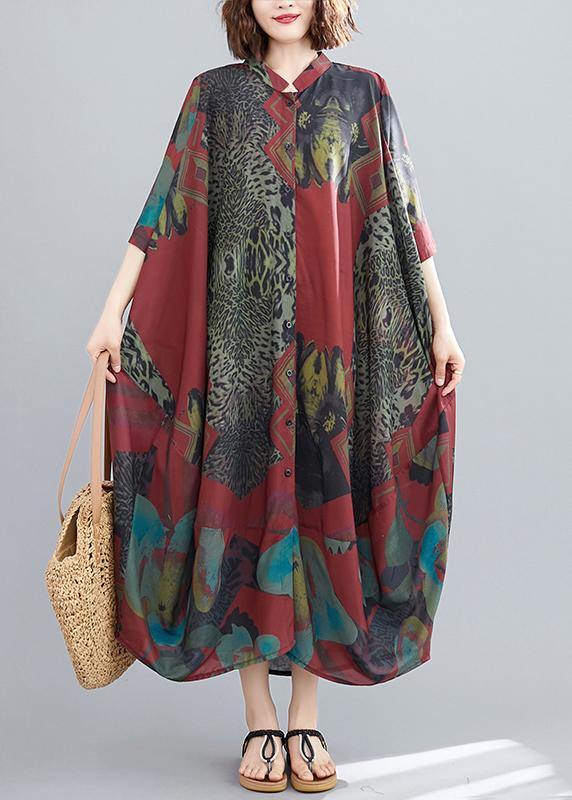 Red Abstract Pattern Tunic Stand Collar Maxi Summer Dresses