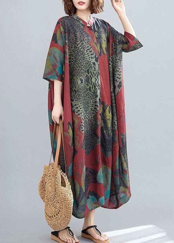 Red Abstract Pattern Tunic Stand Collar Maxi Summer Dresses