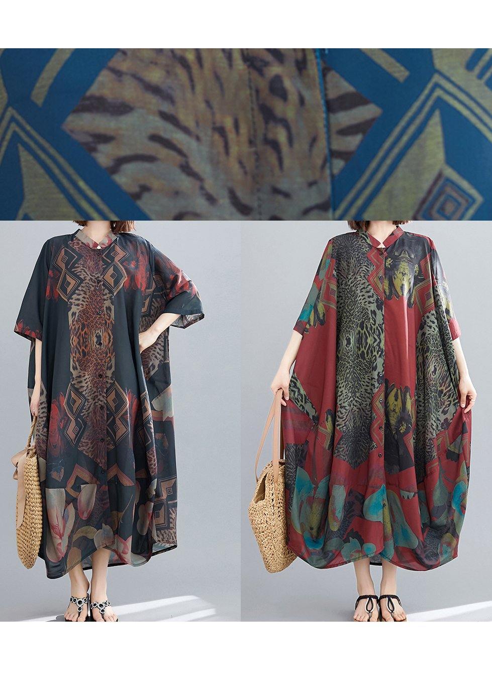Red Abstract Pattern Tunic Stand Collar Maxi Summer Dresses