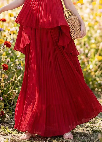 Red Asymmetrical Pleated Chiffon Two Pieces Set Summer
