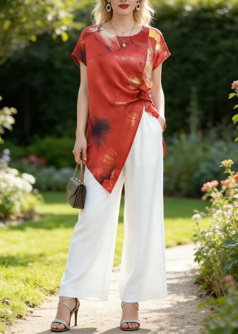 Red Asymmetrical Print Silk Two Pieces Set Summer