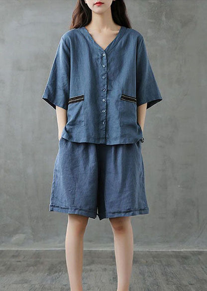 Red Button Patchwork Tops and Shorts Linen Two Pieces Set Summer