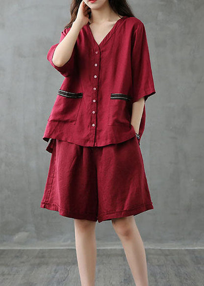Red Button Patchwork Tops and Shorts Linen Two Pieces Set Summer