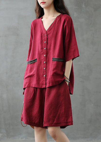 Red Button Patchwork Tops and Shorts Linen Two Pieces Set Summer