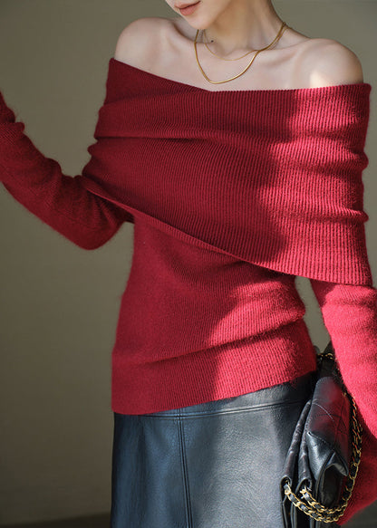 Red Cold Shoulder Wool Knitted Tops Winter