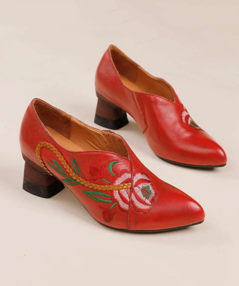 Red Cowhide Leather Embossed Splicing High Heels
