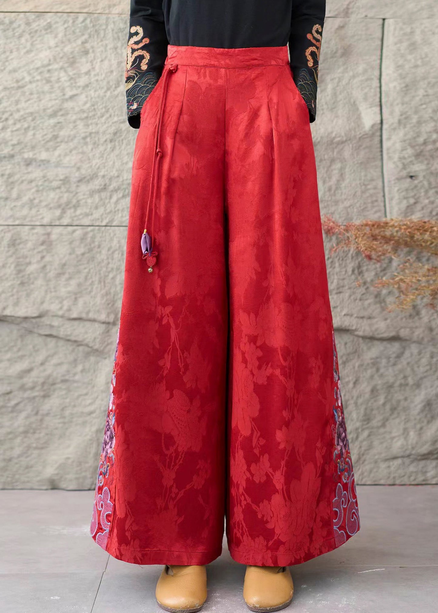 Red Embroidered Jacquard Silk Straigh Pants Spring