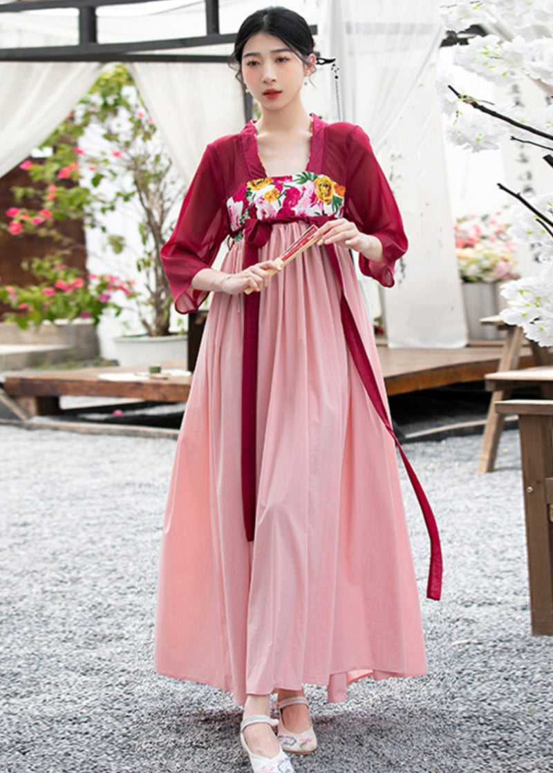 Red Embroideried Lace Up Wrinkled Patchwork Chiffon Long Dresses Summer