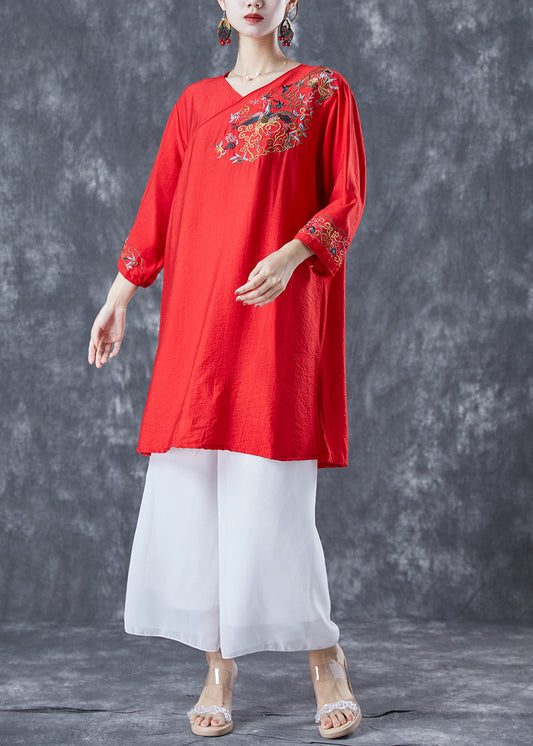 Red Embroideried Linen Party Dress Bracelet Sleeve