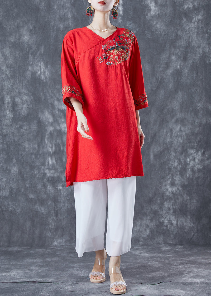 Red Embroideried Linen Party Dress Bracelet Sleeve
