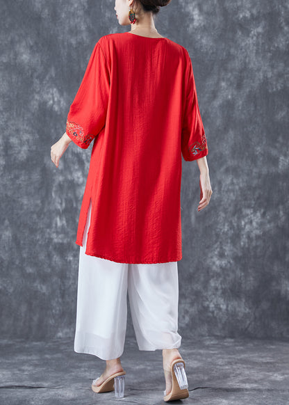 Red Embroideried Linen Party Dress Bracelet Sleeve