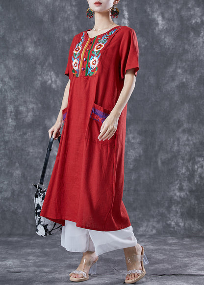 Red Embroideried Patchwork Linen Dress Summer