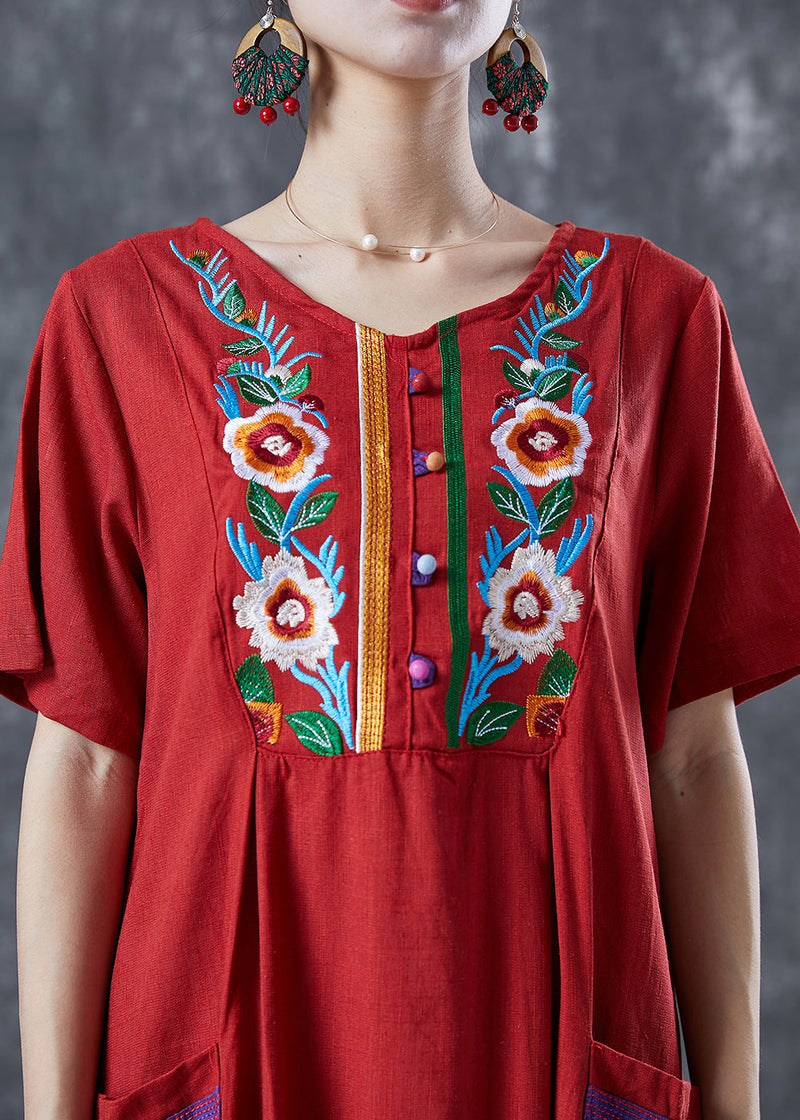 Red Embroideried Patchwork Linen Dress Summer