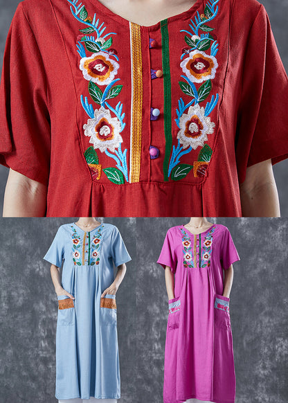 Red Embroideried Patchwork Linen Dress Summer