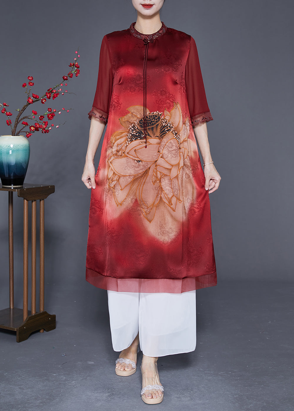 Red Embroideried Patchwork Tassel Silk Dress Half Sleeve