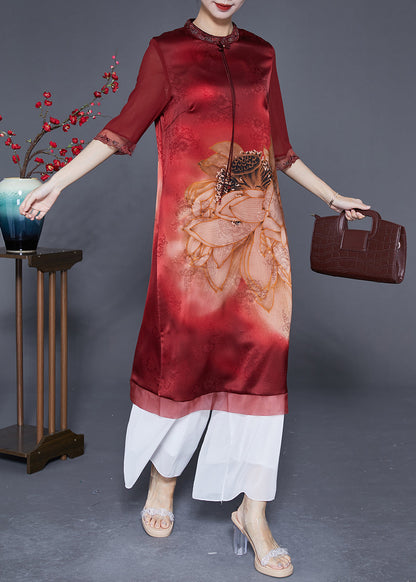 Red Embroideried Patchwork Tassel Silk Dress Half Sleeve