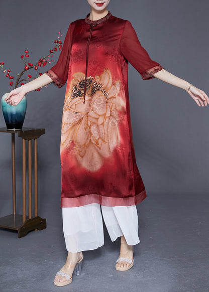 Red Embroideried Patchwork Tassel Silk Dress Half Sleeve