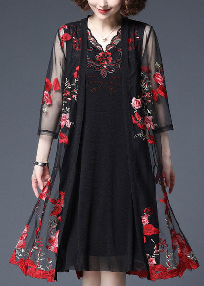 Red Embroideried Tulle Cardigans and Tank Dress Two Piece Set Summer