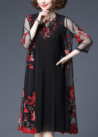 Red Embroideried Tulle Cardigans and Tank Dress Two Piece Set Summer