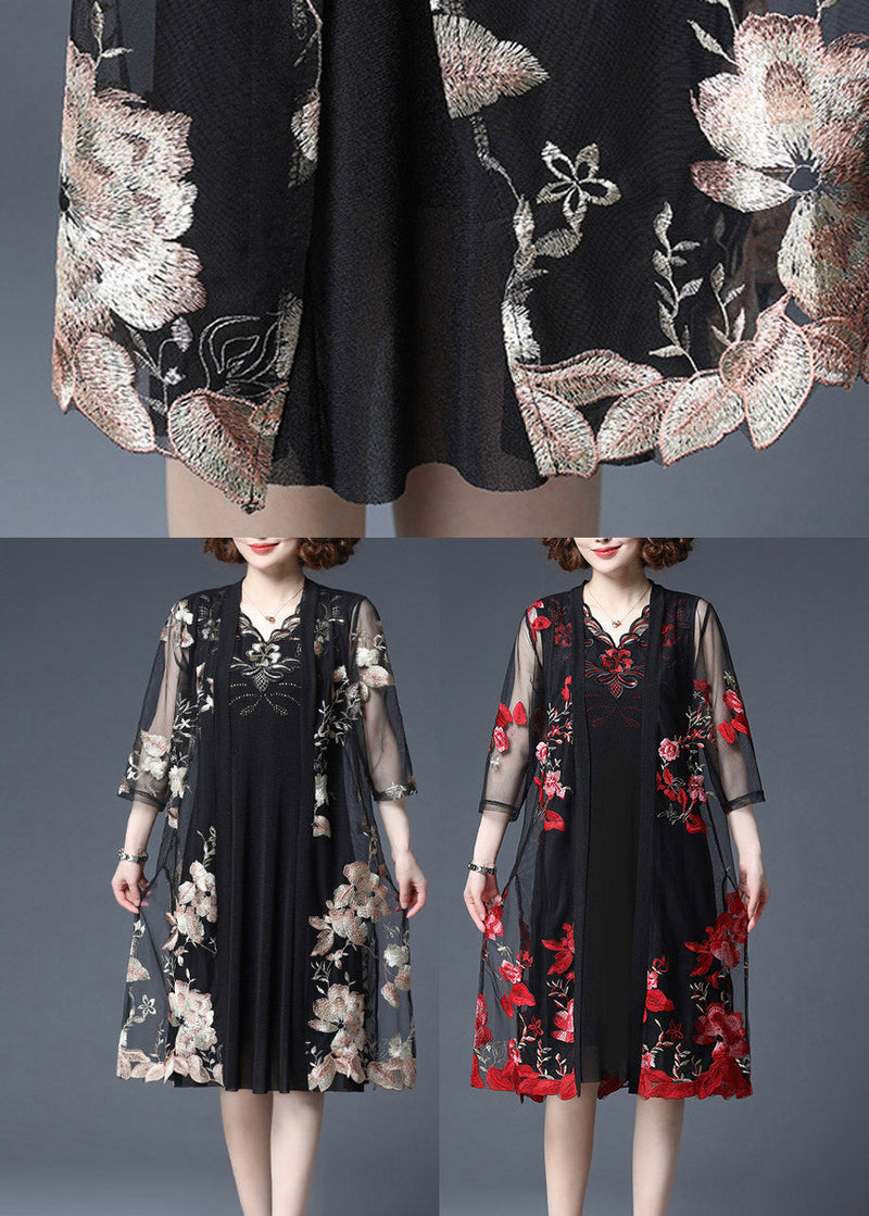 Red Embroideried Tulle Cardigans and Tank Dress Two Piece Set Summer
