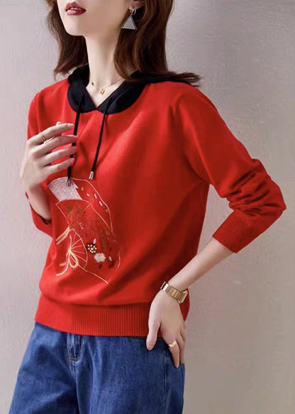 Red Hooded Embroideried Patchwork Knit Top Fall