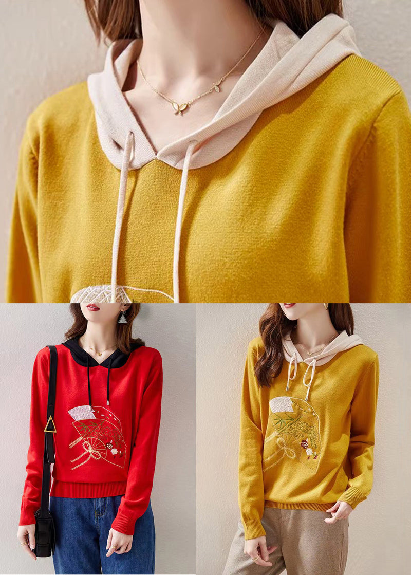 Red Hooded Embroideried Patchwork Knit Top Fall