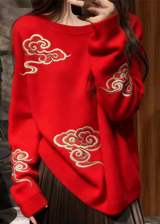 Red O Neck Auspicious Clouds Cozy Knit Sweaters Spring