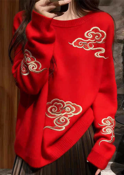 Red O Neck Auspicious Clouds Cozy Knit Sweaters Spring