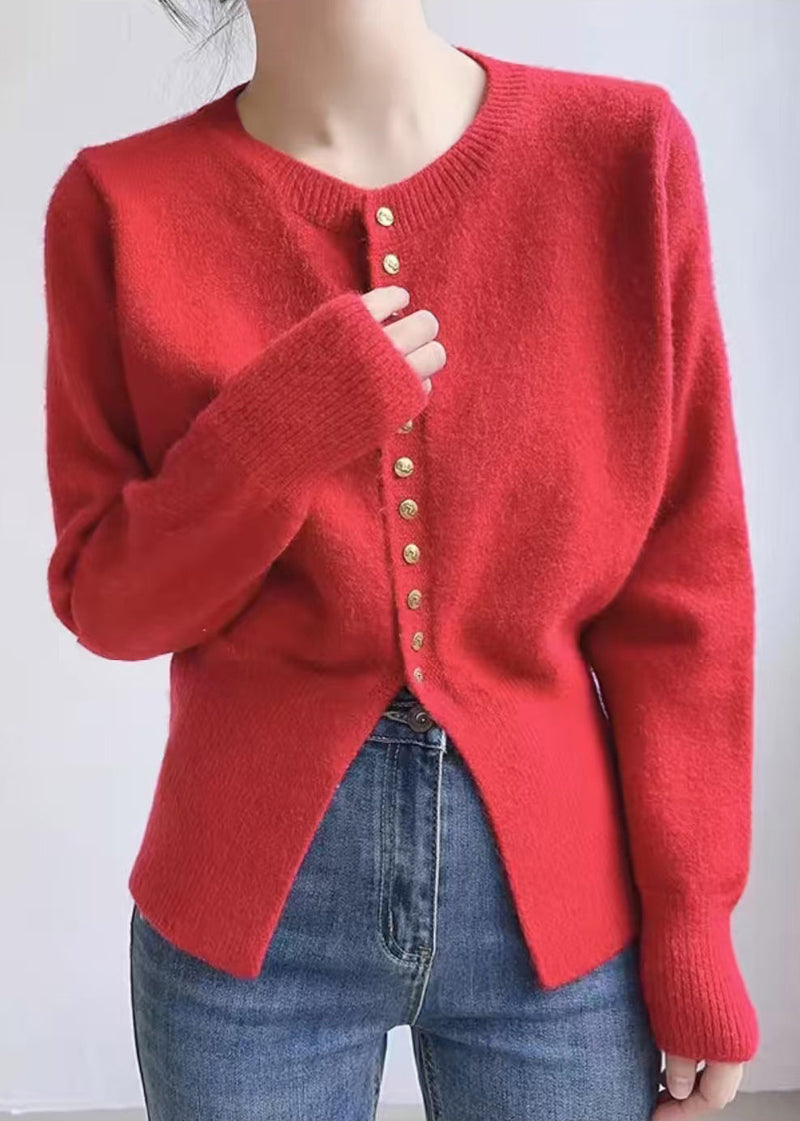 Red O Neck Button Knit Coats Spring
